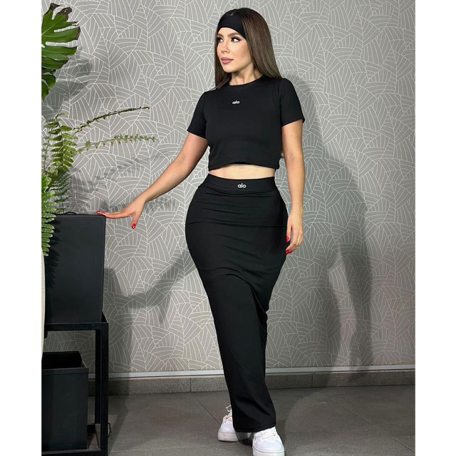 Fashion Yoga High Waist Slit Maxi Skirt Set