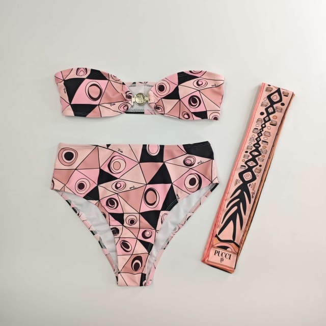 Striped Printed Tube Top High Waist Swimsuit Set with Scarf