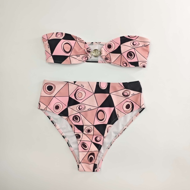 Striped Printed Tube Top High Waist Swimsuit Set with Scarf