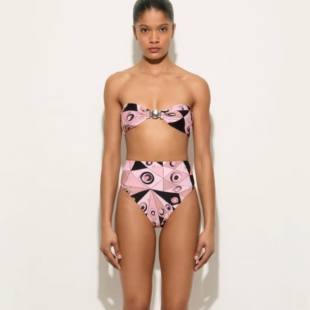 Striped Printed Tube Top High Waist Swimsuit Set with Scarf