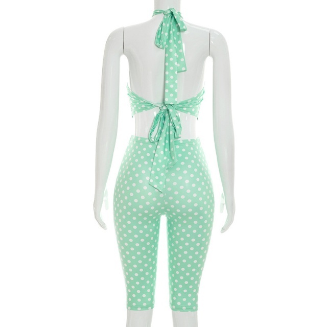 Polka-dot Print Halter Neck Lace-up Top Cropped Pant Set
