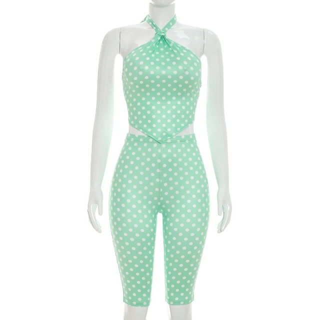 Polka-dot Print Halter Neck Lace-up Top Cropped Pant Set