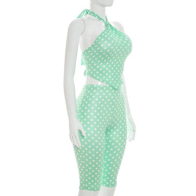 Polka-dot Print Halter Neck Lace-up Top Cropped Pant Set