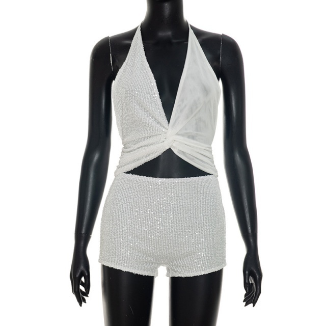 Sequin Twist Ruched Crop Top Short set