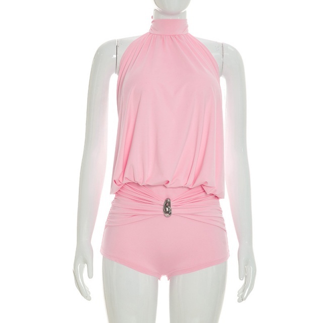Solid Color Halter Neck Backless Romper