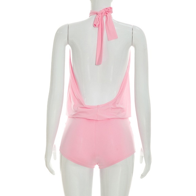 Solid Color Halter Neck Backless Romper