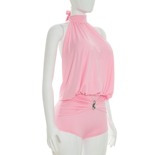Solid Color Halter Neck Backless Romper