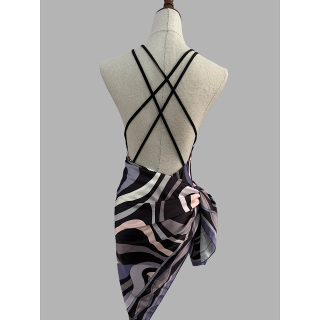 U Neckline Backless Strappy One Piece Swimsuit with Scarf