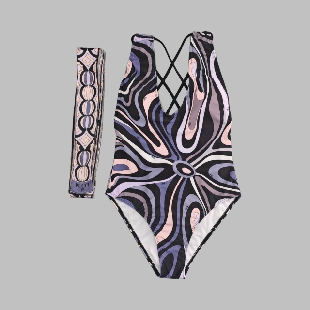 U Neckline Backless Strappy One Piece Swimsuit with Scarf