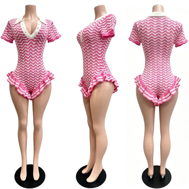 Crochet Knit Ruffle Fitted Romper