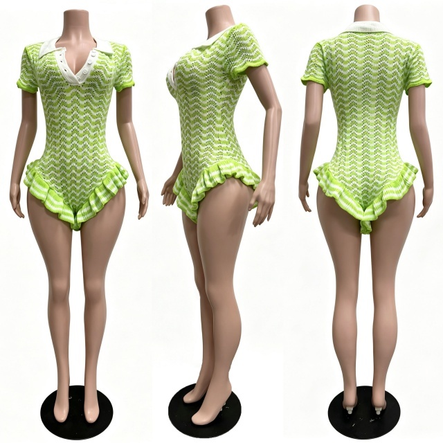 Crochet Knit Ruffle Fitted Romper