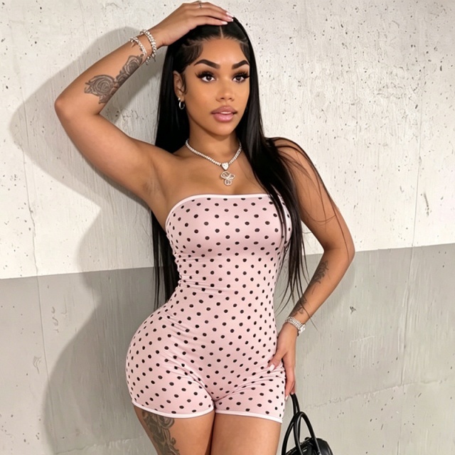 Polka Dots Strapless Tube Fitted Romper
