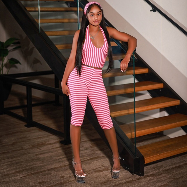 Striped Halter Neck Crop Top Midi Pant Set