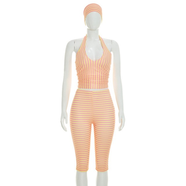 Striped Halter Neck Crop Top Midi Pant Set