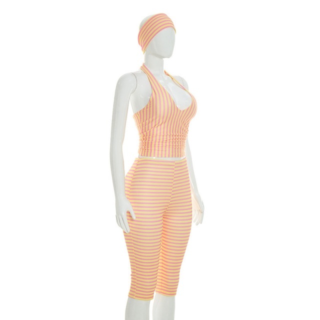 Striped Halter Neck Crop Top Midi Pant Set