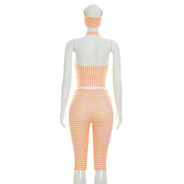 Striped Halter Neck Crop Top Midi Pant Set