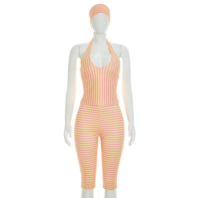 Striped Halter Neck Crop Top Midi Pant Set