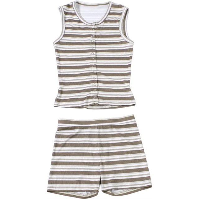 Striped Printed Buttons Down Tank Top Fitted Short Set