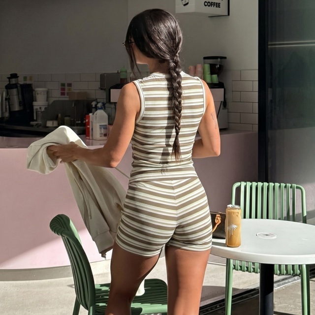 Striped Printed Buttons Down Tank Top Fitted Short Set
