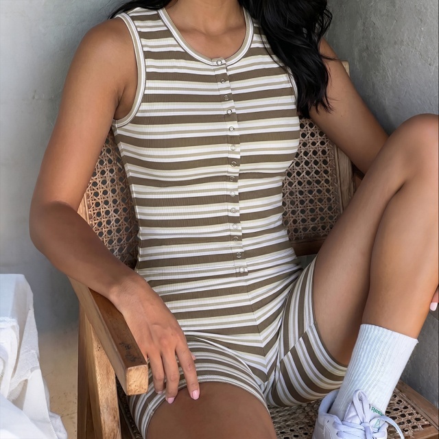 Striped Printed Buttons Down Tank Top Fitted Short Set
