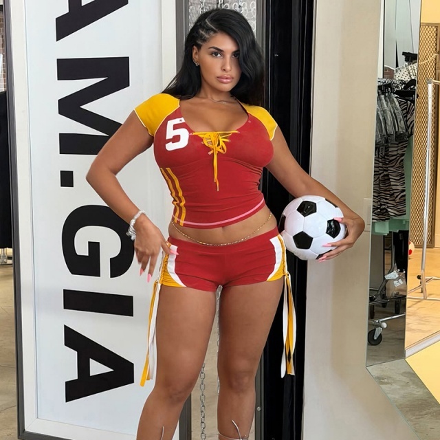 V Neck Laced-up Top Athleisure Drawstring Shorts Set