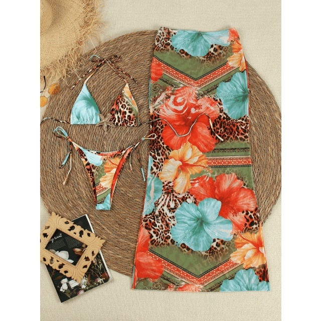 Colorful Printed Bikini Set with Skirt