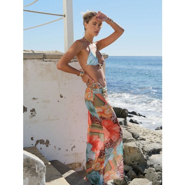 Colorful Printed Bikini Set with Skirt