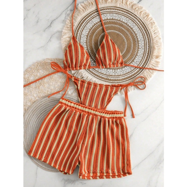 Hollow Out Mesh Bikini Set with Shorts 3 Pieces