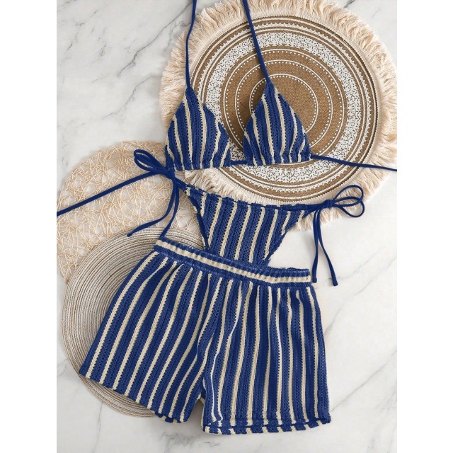 Hollow Out Mesh Bikini Set with Shorts 3 Pieces