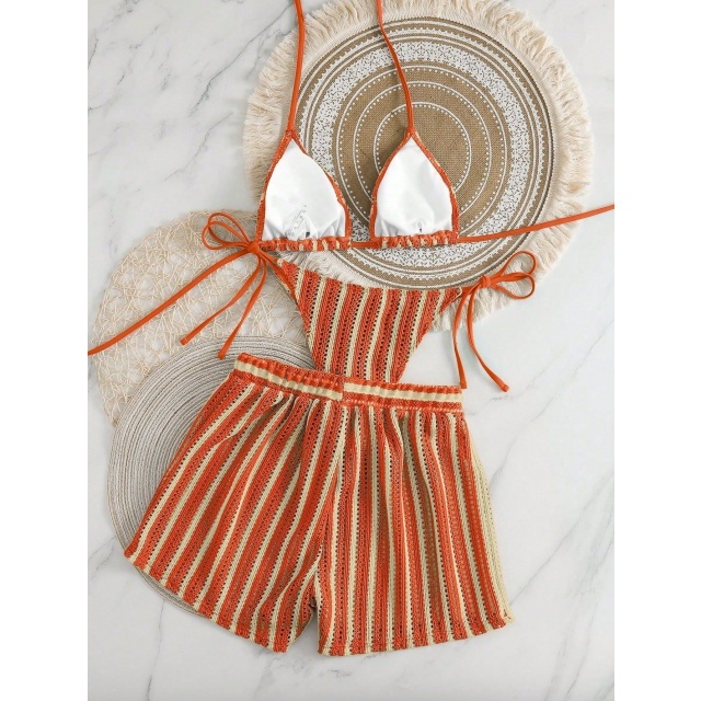 Hollow Out Mesh Bikini Set with Shorts 3 Pieces