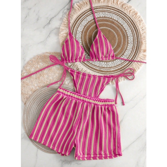 Hollow Out Mesh Bikini Set with Shorts 3 Pieces