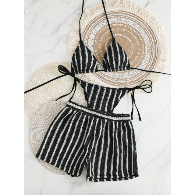 Hollow Out Mesh Bikini Set with Shorts 3 Pieces