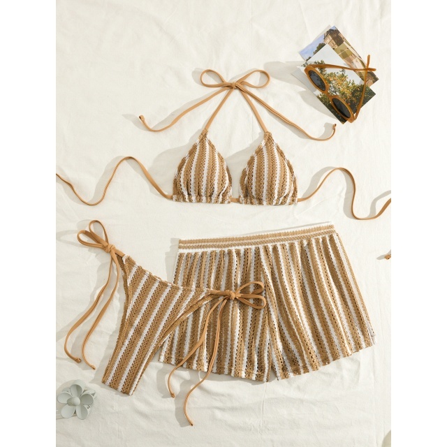 Hollow Out Mesh Bikini Set with Shorts 3 Pieces