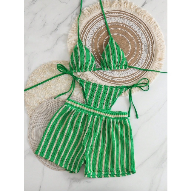 Hollow Out Mesh Bikini Set with Shorts 3 Pieces