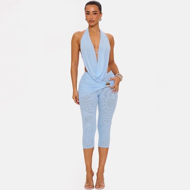 Draped-neck Backless Camisole Fitted Midi Pant Set