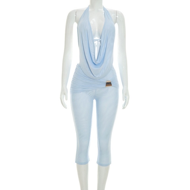 Draped-neck Backless Camisole Fitted Midi Pant Set