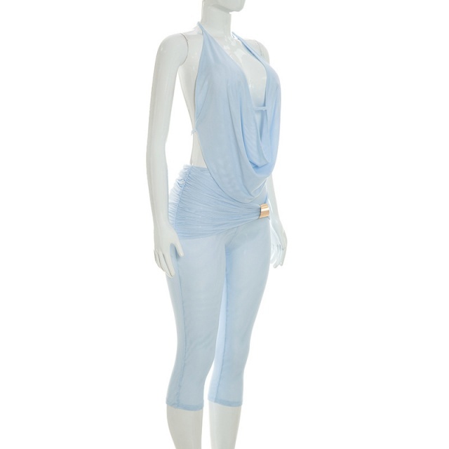 Draped-neck Backless Camisole Fitted Midi Pant Set