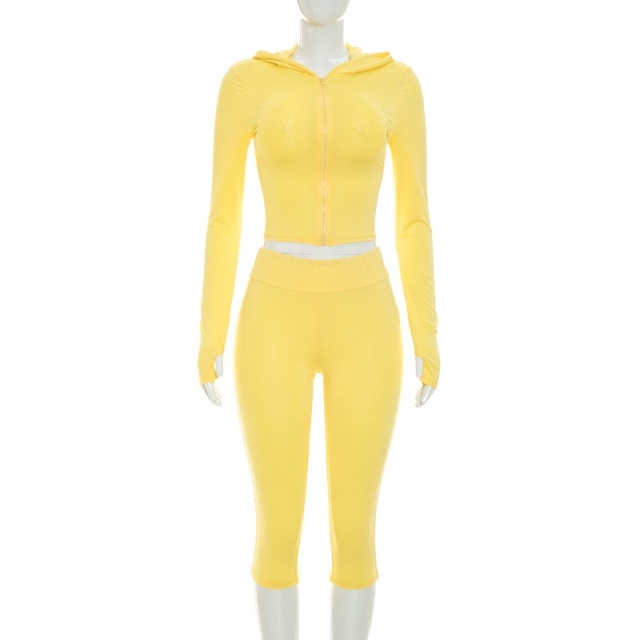 Hooded Zipped Up Top Slim Fitted Midi Pant Set