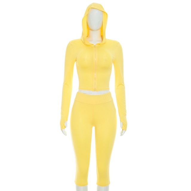 Hooded Zipped Up Top Slim Fitted Midi Pant Set
