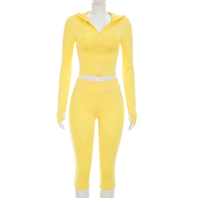 Hooded Zipped Up Top Slim Fitted Midi Pant Set