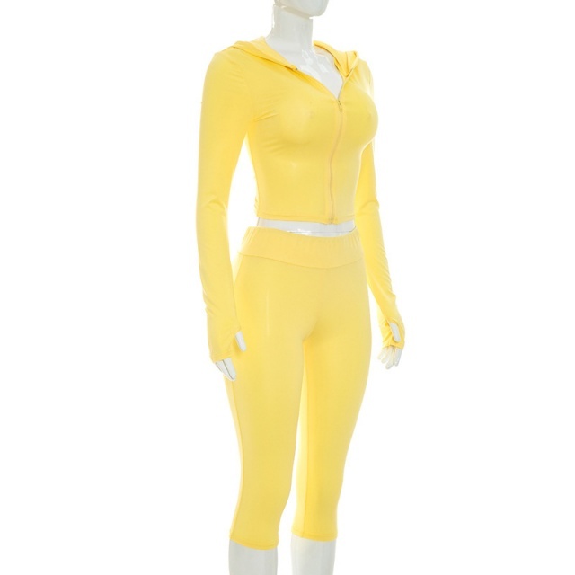 Hooded Zipped Up Top Slim Fitted Midi Pant Set
