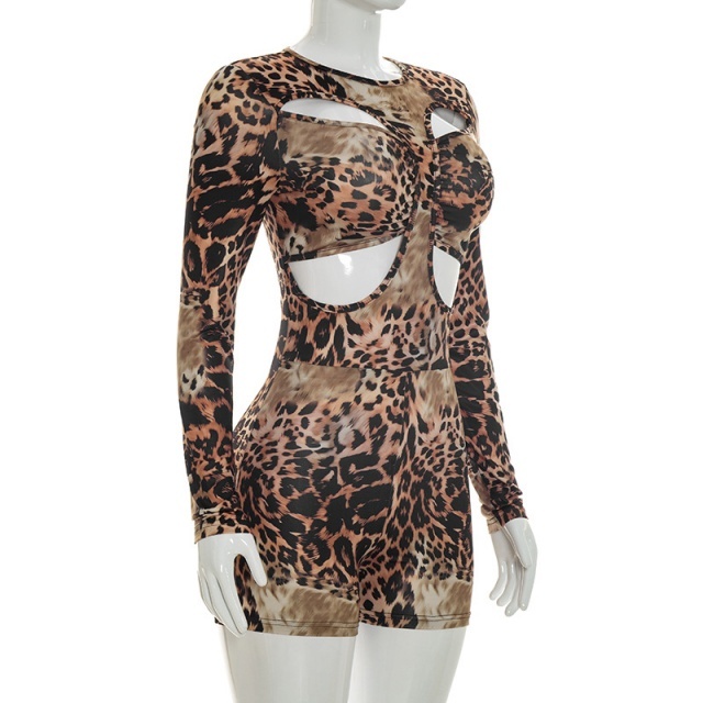Leopard Long Sleeve Cut Out Fitted Romper
