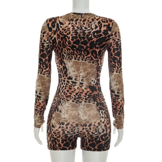 Leopard Long Sleeve Cut Out Fitted Romper