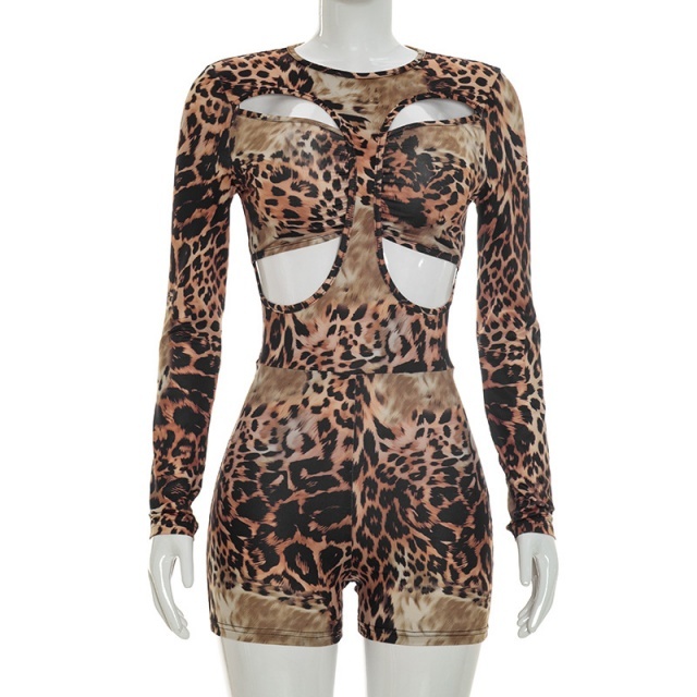 Leopard Long Sleeve Cut Out Fitted Romper