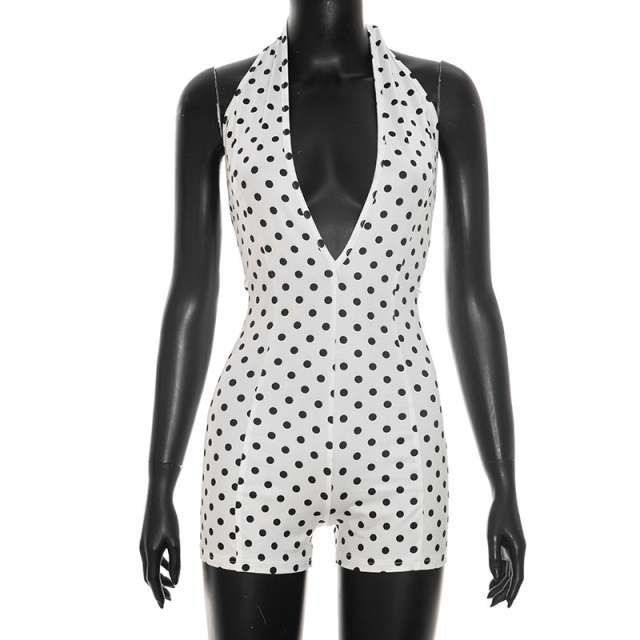 Polka Dots Printed Halter V Neck Backless Fitted Romper