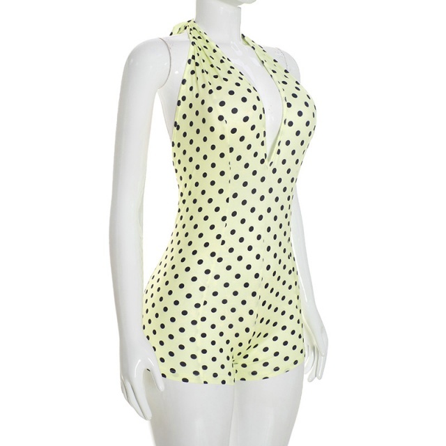 Polka Dots Printed Halter V Neck Backless Fitted Romper