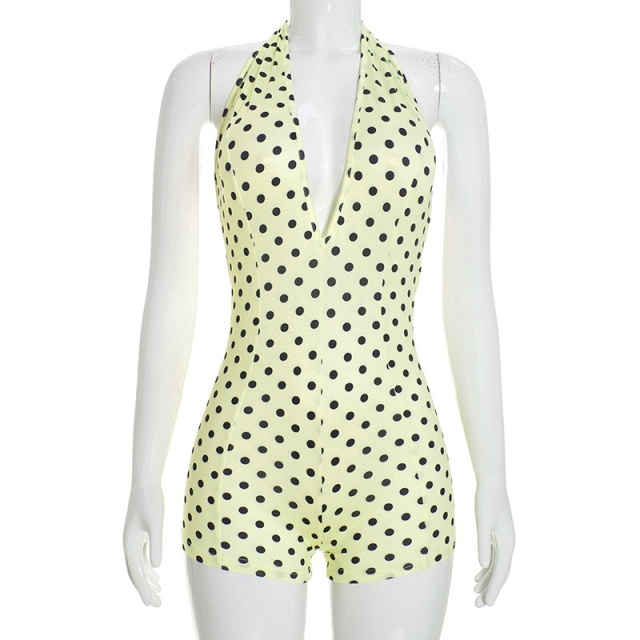 Polka Dots Printed Halter V Neck Backless Fitted Romper
