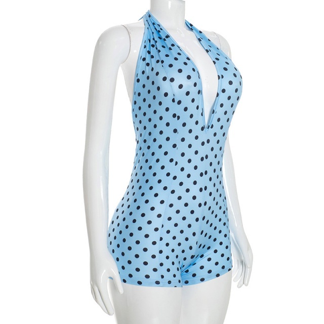 Polka Dots Printed Halter V Neck Backless Fitted Romper