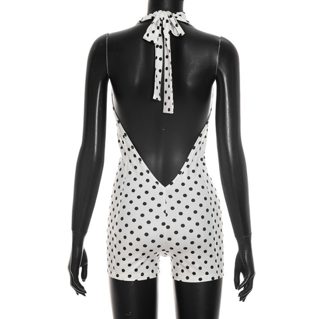Polka Dots Printed Halter V Neck Backless Fitted Romper