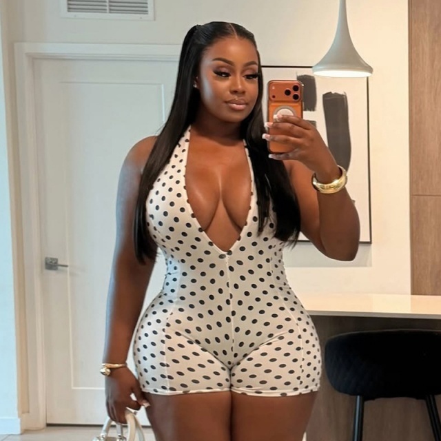 Polka Dots Printed Halter V Neck Backless Fitted Romper